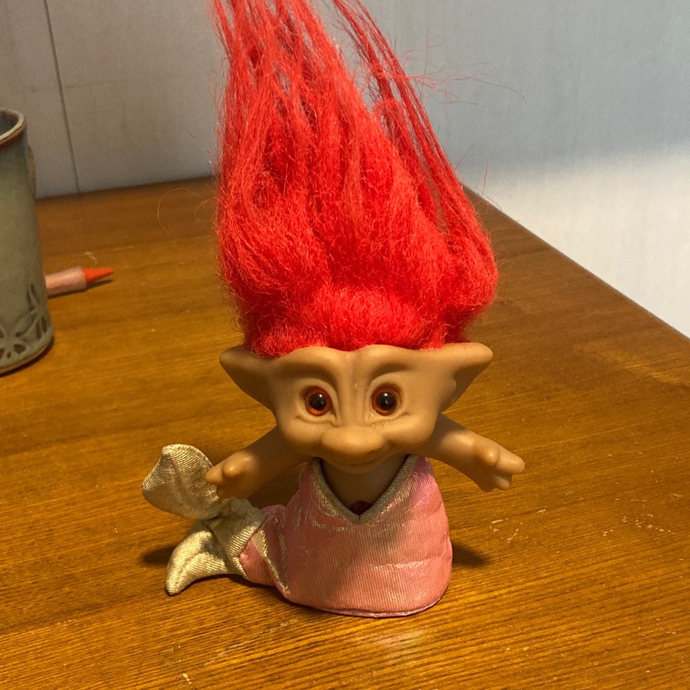 90’s Mermaid Troll Doll with Vibrant Red Hair, Red Belly Jewel & Pink Tail